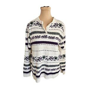 D'Allairds White Purple Grey Knit Henley Grandpa Sweater Sz L